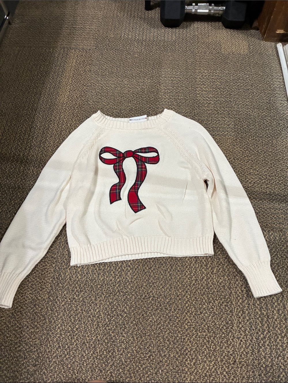 Cream Women's Sweater with Red Plaid Bow